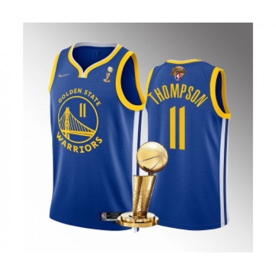 Men's Golden State Warriors 11 Klay Thompson Royal 2022 NBA Finals Champions Stitched Jersey