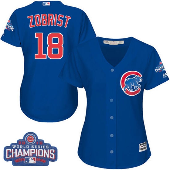 Women's Majestic Chicago Cubs 18 Ben Zobrist Authentic Royal Blue Alternate 2016 World Series Champions Cool Base MLB Jersey