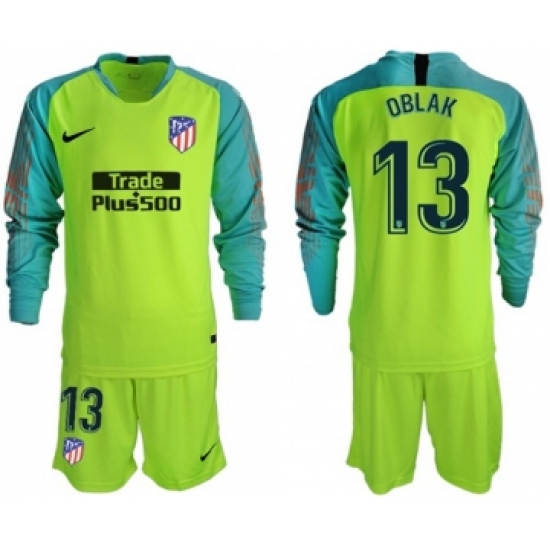 Atletico Madrid 13 Oblak Shiny Green Goalkeeper Long Sleeves Soccer Club Jersey