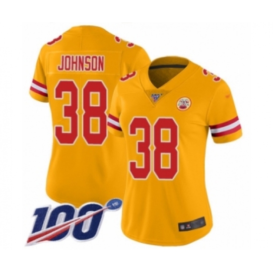 Women's Kansas City Chiefs 38 Dontae Johnson Limited Gold Inverted Legend 100th Season Football Jersey