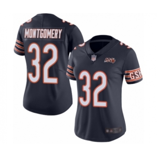 Women's Chicago Bears 32 David Montgomery Navy Blue Team Color 100th Season Limited Football Jersey