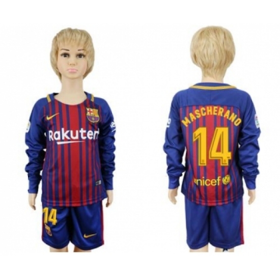 Barcelona 14 Mascherano Home Long Sleeves Kid Soccer Club Jersey