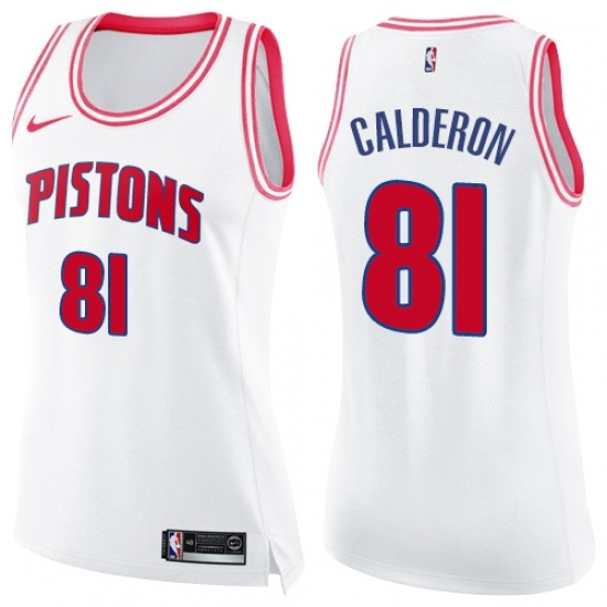 Women's Nike Detroit Pistons 81 Jose Calderon Swingman White Pink Fashion NBA Jersey