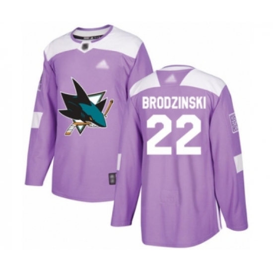 Youth San Jose Sharks 22 Jonny Brodzinski Authentic Purple Fights Cancer Practice Hockey Jersey