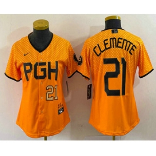 Women's Pittsburgh Pirates 21 Roberto Clemente Number Yellow 2023 City Connect Stitched Jersey2