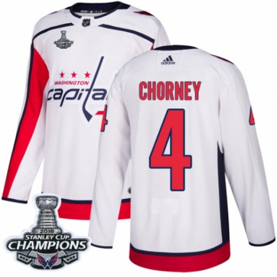 Men's Adidas Washington Capitals 4 Taylor Chorney Authentic White Away 2018 Stanley Cup Final Champions NHL Jersey