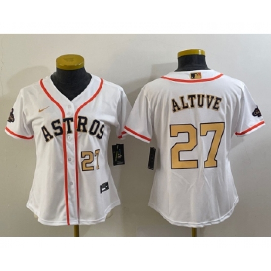 Women's Houston Astros 27 Jose Altuve Number 2023 White Gold World Serise Champions Cool Base Stitched Jerseys