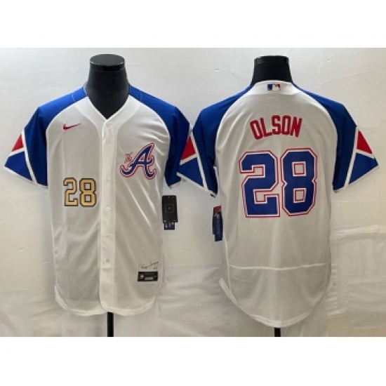 Men's Atlanta Braves 28 Matt Olson Number White 2023 City Connect Flex Base Stitched Jersey1