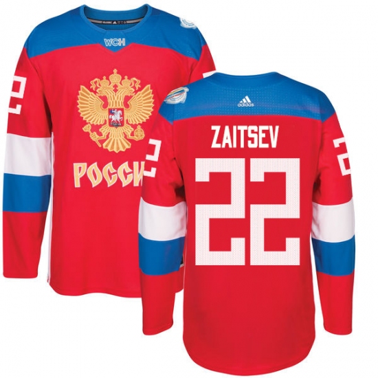 Men's Adidas Team Russia 22 Nikita Zaitsev Premier Red Away 2016 World Cup of Hockey Jersey