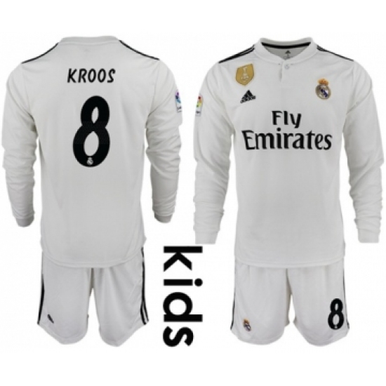 Real Madrid 8 Kroos Home Long Sleeves Kid Soccer Club Jersey