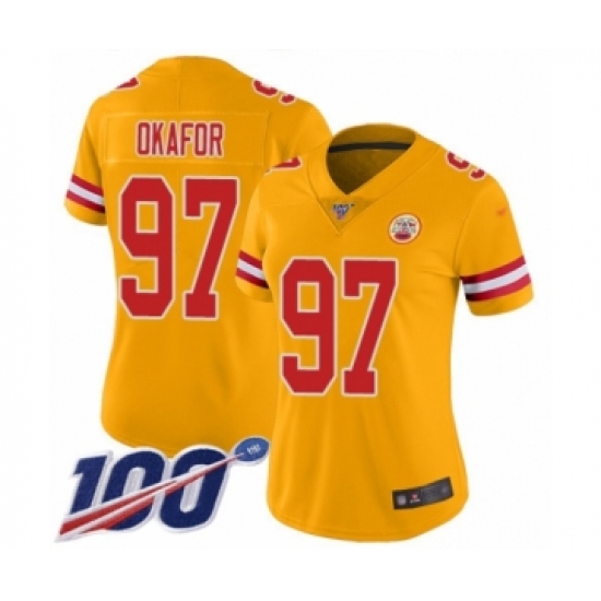 Women's Kansas City Chiefs 97 Alex Okafor Limited Gold Inverted Legend 100th Season Football Jersey