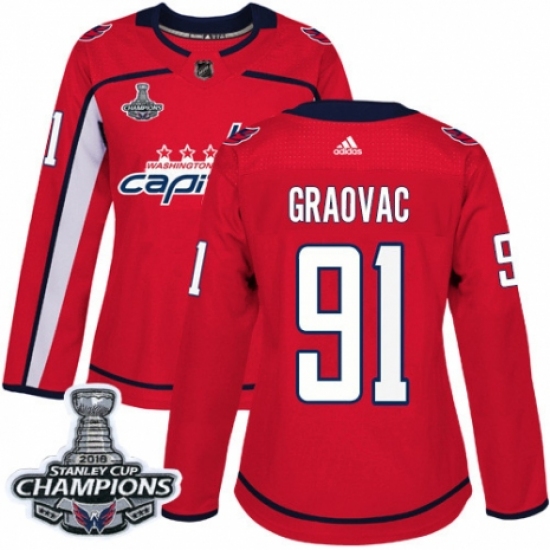 Women's Adidas Washington Capitals 91 Tyler Graovac Authentic Red Home 2018 Stanley Cup Final Champions NHL Jersey