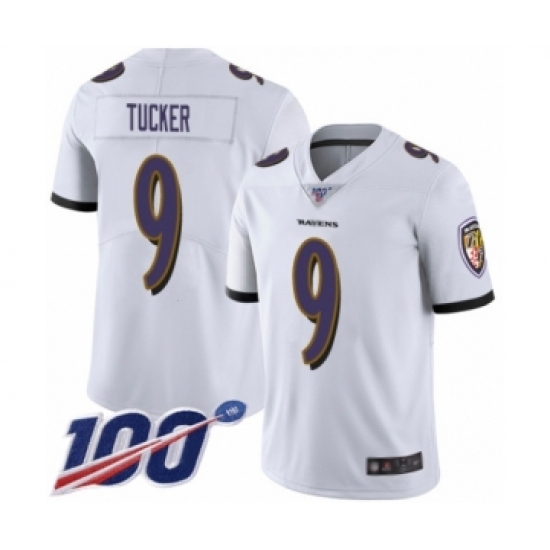 Men's Baltimore Ravens 9 Justin Tucker White Vapor Untouchable Limited Player 100th Season Football Jersey