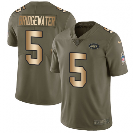 Men's Nike New York Jets 5 Teddy Bridgewater Limited Olive Gold 2017 Salute to Service NFL Jersey