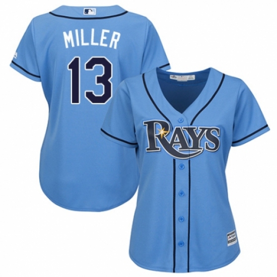 Women's Majestic Tampa Bay Rays 13 Brad Miller Replica Light Blue Alternate 2 Cool Base MLB Jersey