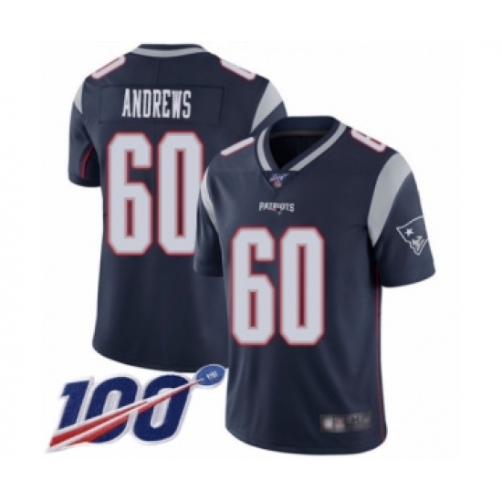 Men's New England Patriots 60 David Andrews Navy Blue Team Color Vapor Untouchable Limited Player 100th Season Football Jersey