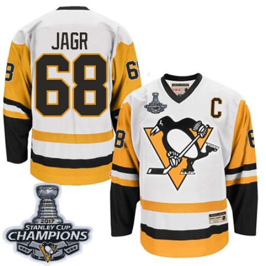 Men's CCM Pittsburgh Penguins 68 Jaromir Jagr Authentic White Throwback 2017 Stanley Cup Champions NHL Jersey