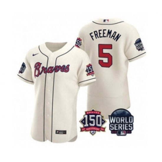 Men's Atlanta Braves 5 Freddie Freeman 2021 Cream World Series Flex Base With 150th Anniversary Patch Baseball Jersey