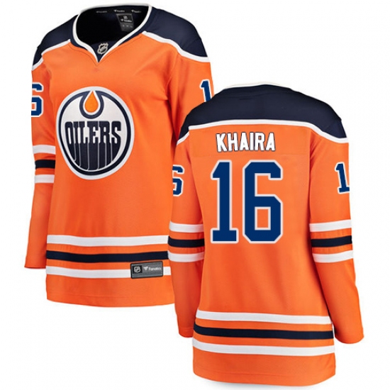 Women's Edmonton Oilers 16 Jujhar Khaira Fanatics Branded Orange Home Breakaway NHL Jersey