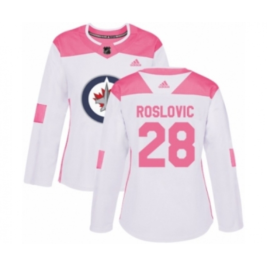 Women's Adidas Winnipeg Jets 28 Jack Roslovic Authentic White Pink Fashion NHL Jersey