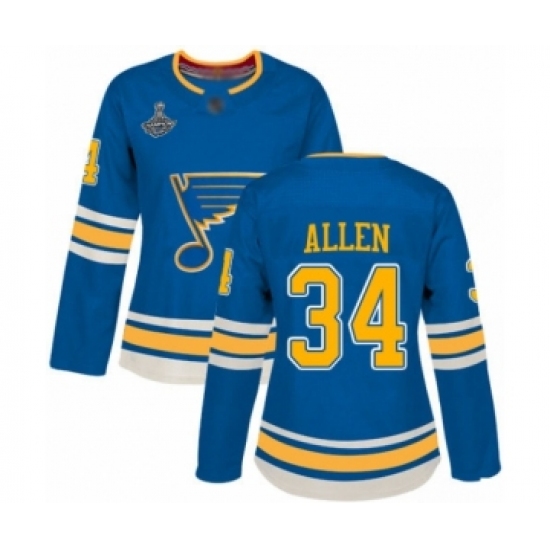 Women's St. Louis Blues 34 Jake Allen Authentic Navy Blue Alternate 2019 Stanley Cup Champions Hockey Jersey