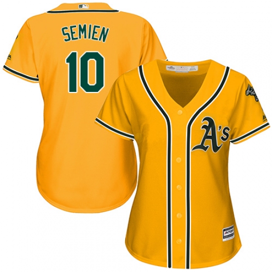 Women's Majestic Oakland Athletics 10 Marcus Semien Replica Gold Alternate 2 Cool Base MLB Jersey