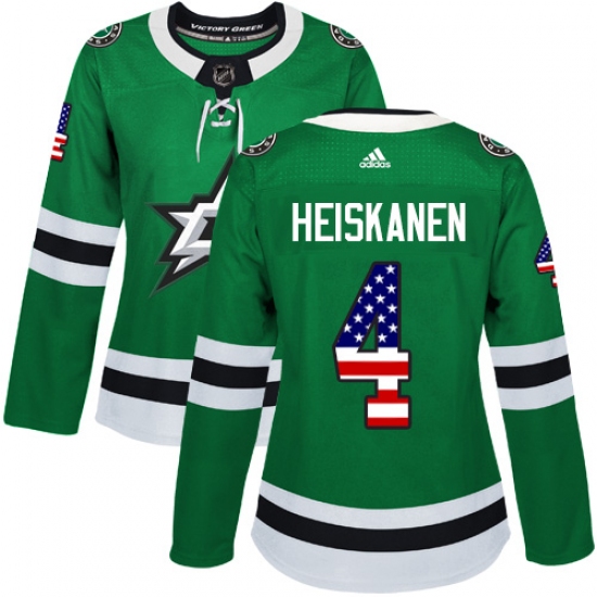 Women's Adidas Dallas Stars 4 Miro Heiskanen Authentic Green USA Flag Fashion NHL Jersey