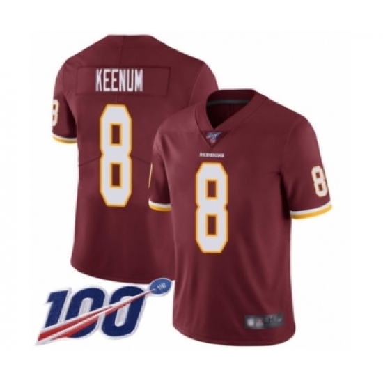 Men's Washington Redskins 8 Case Keenum Burgundy Red Team Color Vapor Untouchable Limited Player 100th Season Football Jersey