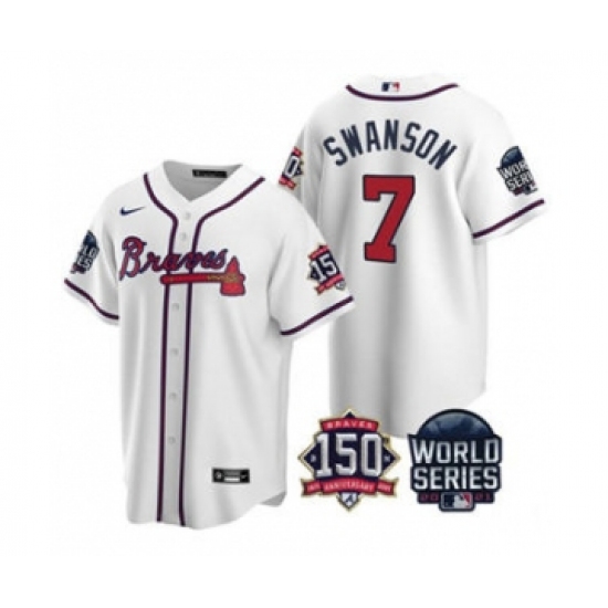 Men's Atlanta Braves 7 Dansby Swanson 2021 White World Series With 150th Anniversary Patch Cool Base Baseball Jersey