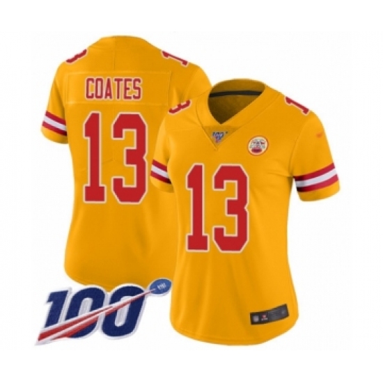 Women's Kansas City Chiefs 13 Sammie Coates Limited Gold Inverted Legend 100th Season Football Jersey