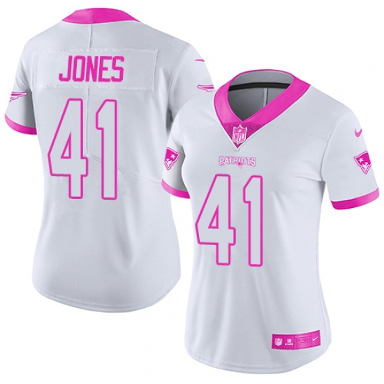 Women's Nike New England Patriots 41 Cyrus Jones Limited White/Pink Rush Fashion NFL Jersey
