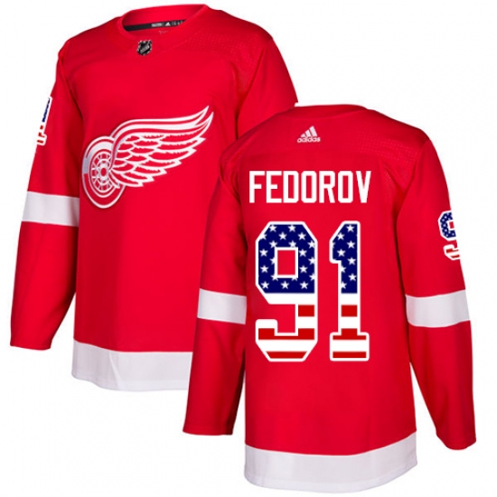 Men's Adidas Detroit Red Wings 91 Sergei Fedorov Authentic Red USA Flag Fashion NHL Jersey