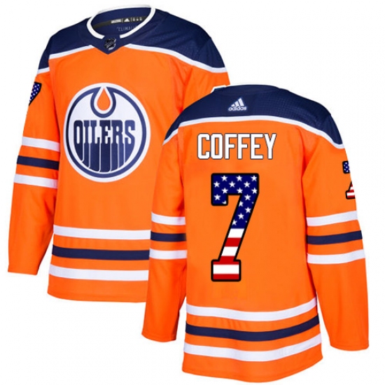 Men's Adidas Edmonton Oilers 7 Paul Coffey Authentic Orange USA Flag Fashion NHL Jersey