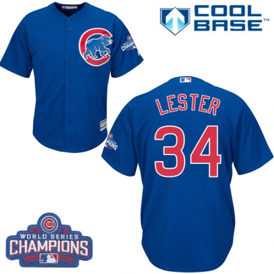 Youth Majestic Chicago Cubs 34 Jon Lester Authentic Royal Blue Alternate 2016 World Series Champions Cool Base MLB Jersey