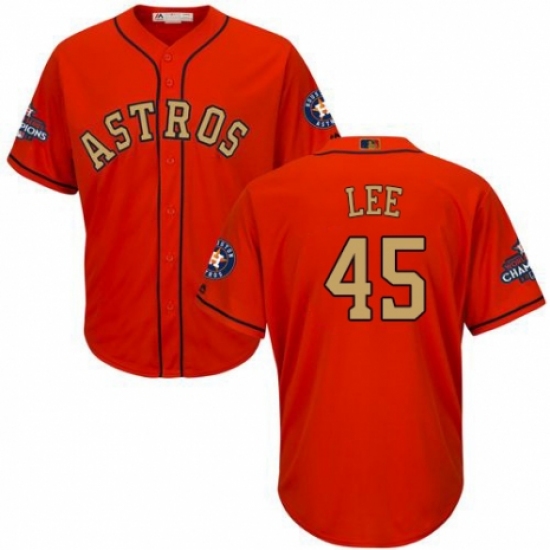 Youth Majestic Houston Astros 45 Carlos Lee Authentic Orange Alternate 2018 Gold Program Cool Base MLB Jersey