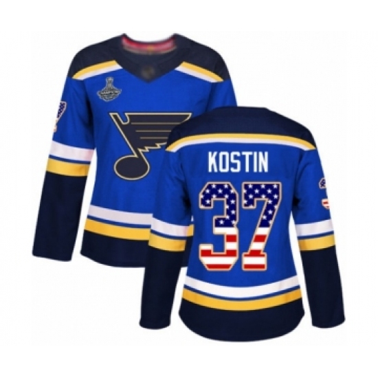 Women's St. Louis Blues 37 Klim Kostin Authentic Blue USA Flag Fashion 2019 Stanley Cup Champions Hockey Jersey