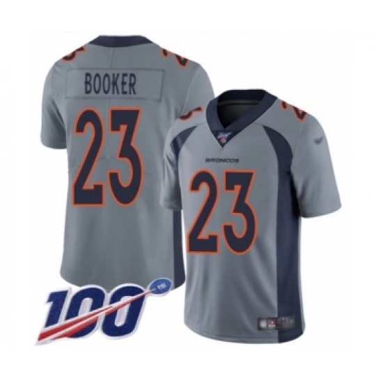 Men's Denver Broncos 23 Devontae Booker Limited Silver Inverted Legend 100th Season Football Jersey