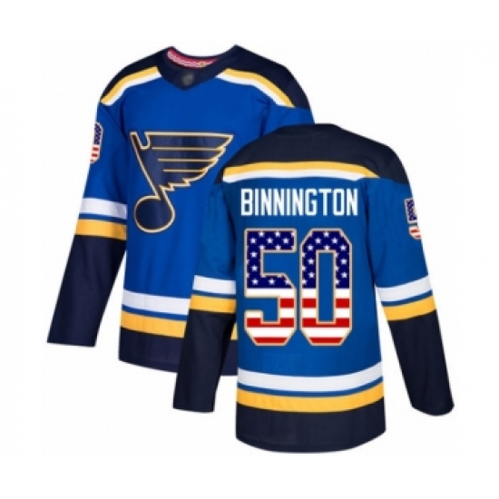 Men's St. Louis Blues 50 Jordan Binnington Authentic Blue USA Flag Fashion Hockey Jersey