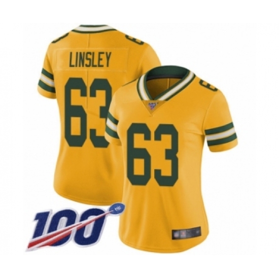Women's Green Bay Packers 63 Corey Linsley Limited Gold Rush Vapor Untouchable 100th Season Football Jersey