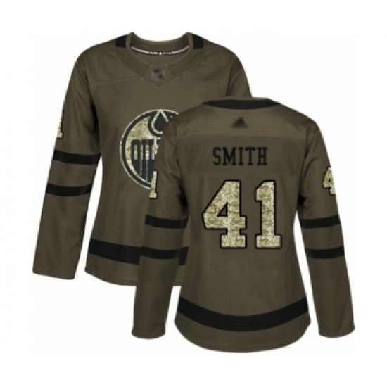 Women's Edmonton Oilers 41 Mike Smith Authentic Green Salute to Service Hockey Jersey