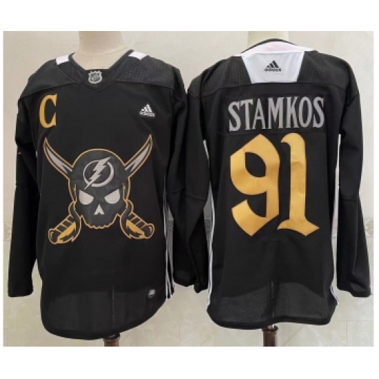 Men's Tampa Bay Lightning 91 Steven Stamkos Black Pirate Themed Warmup Authentic Jersey