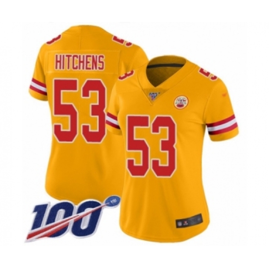 Women's Kansas City Chiefs 53 Anthony Hitchens Limited Gold Inverted Legend 100th Season Football Jersey