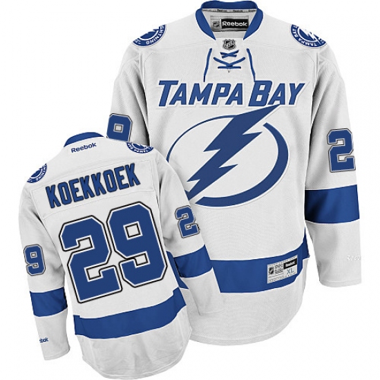 Men's Reebok Tampa Bay Lightning 29 Slater Koekkoek Authentic White Away NHL Jersey