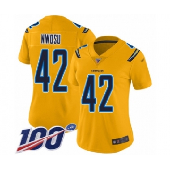 Women's Los Angeles Chargers 42 Uchenna Nwosu Limited Gold Inverted Legend 100th Season Football Jersey
