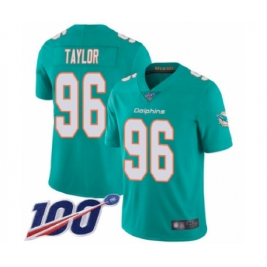 Men's Miami Dolphins 96 Vincent Taylor Aqua Green Team Color Vapor Untouchable Limited Player 100th Season Football Jersey