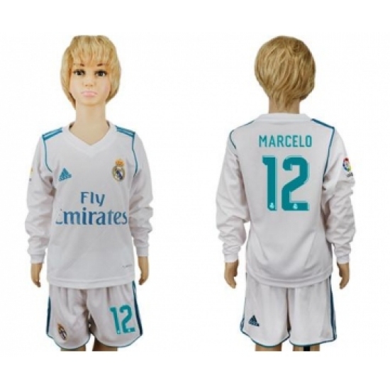 Real Madrid 12 Marcelo Home Long Sleeves Kid Soccer Club Jersey