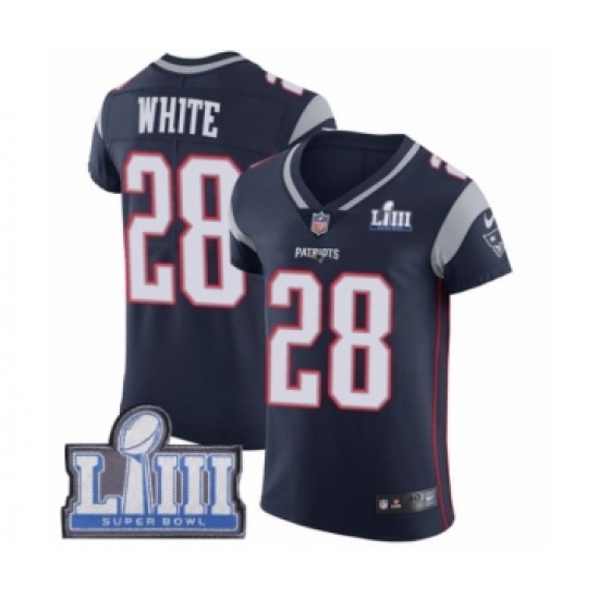 Men's Nike New England Patriots 28 James White Navy Blue Team Color Vapor Untouchable Elite Player Super Bowl LIII Bound NFL Jersey