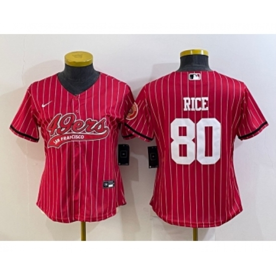 Women's San Francisco 49ers 80 Jerry Rice Red Pinstripe With Patch Cool Base Stitched Baseball Jersey