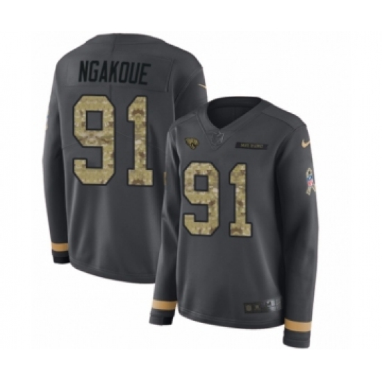 Women's Nike Jacksonville Jaguars 91 Yannick Ngakoue Limited Black Salute to Service Therma Long Sleeve NFL Jersey