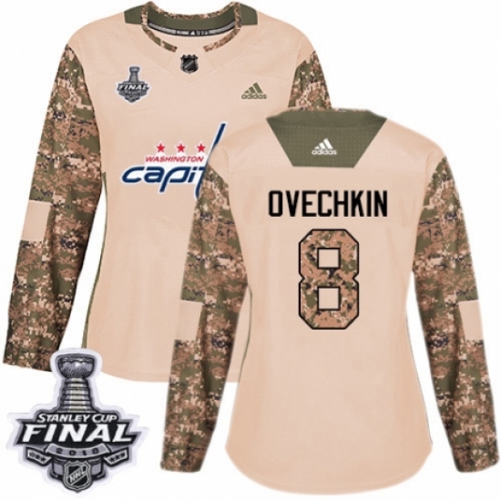 Women's Adidas Washington Capitals 8 Alex Ovechkin Authentic Camo Veterans Day Practice 2018 Stanley Cup Final NHL Jersey